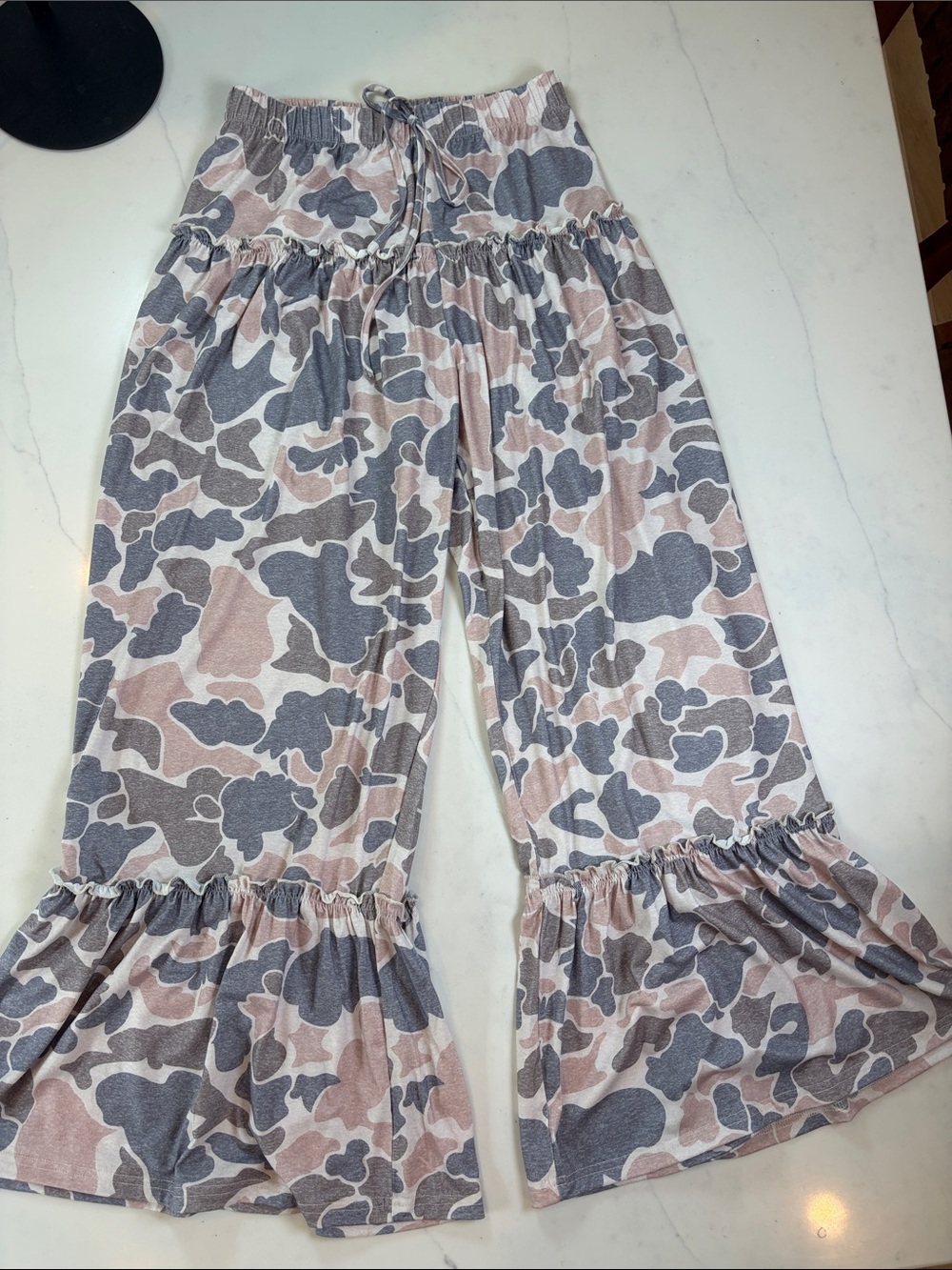 Heathered Camo Ruffle Hem Wide-Leg Bottoms